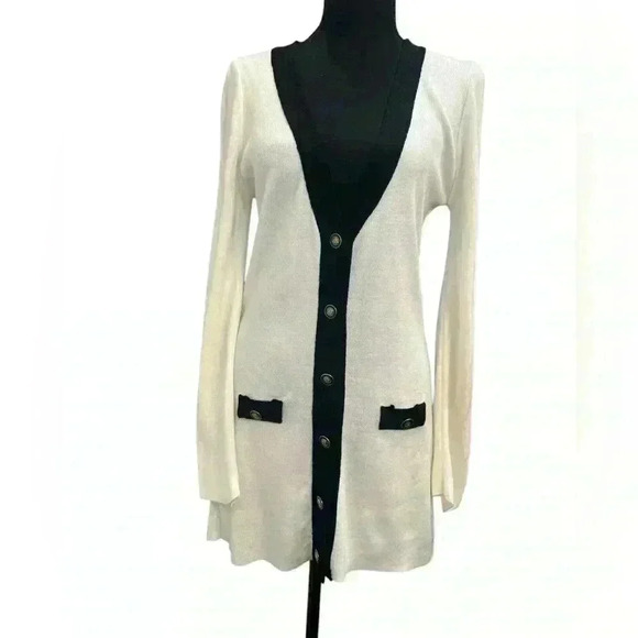 BOMI BY BOMI Cream & Black Long Cardigan Size Small - Picture 1 of 5